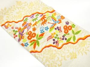 鶴に草花・花唐草・道長取模様織出し名古屋帯